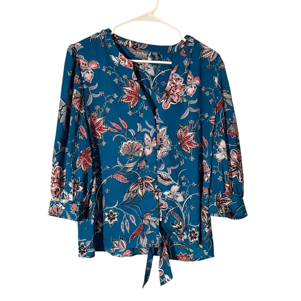 Soho New York & Company Women's Size Medium Tie Front Blouse Teal Floral Button